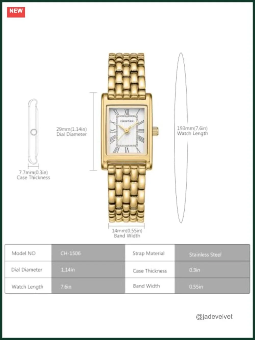 CHEETAH Women's Stainless Steel Rectangular Roman Numeral Watch Vintage